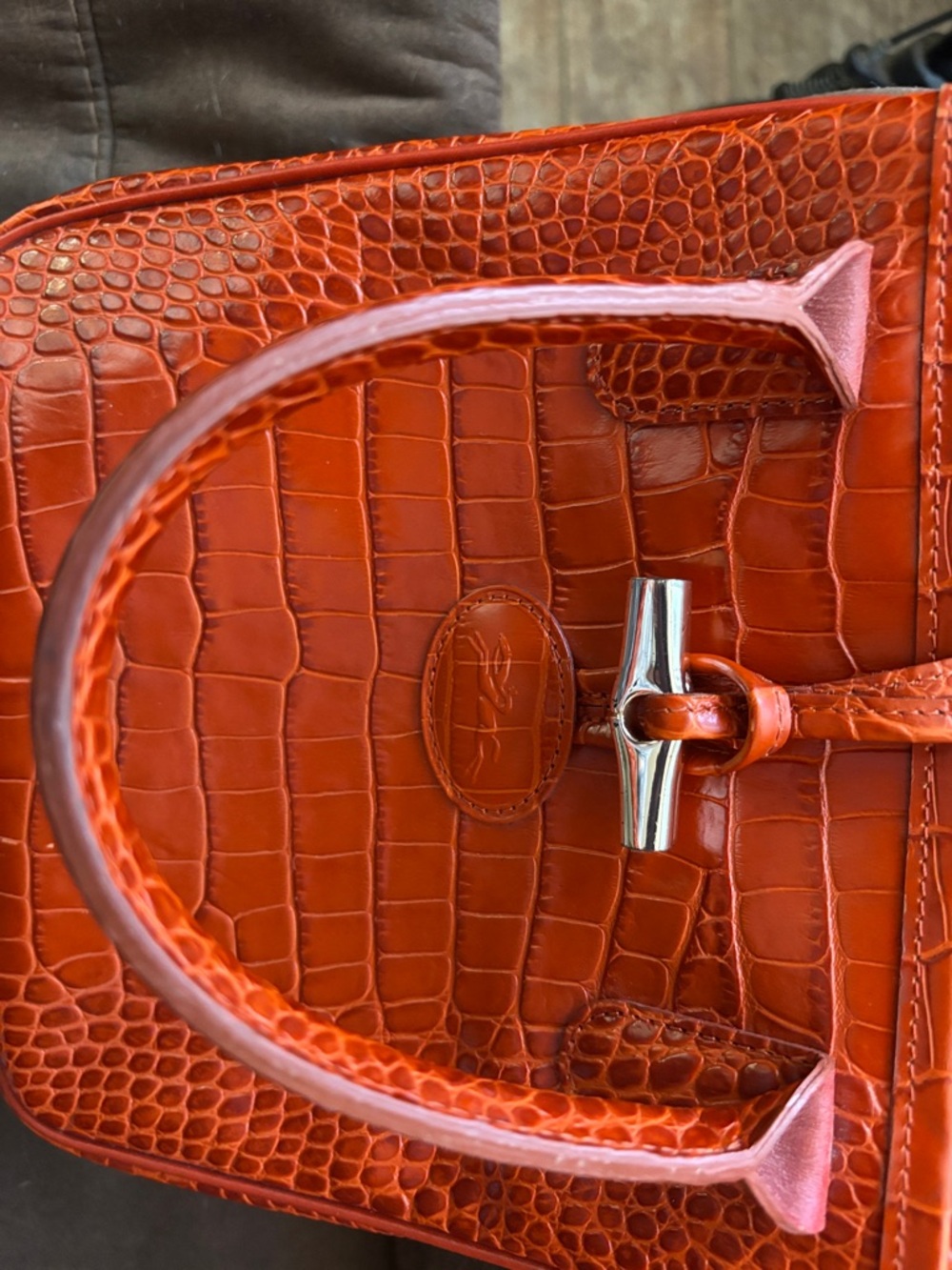 Croc-Embossed Orange Leather Satchel with Polished Hardw - Picture 7 of 10